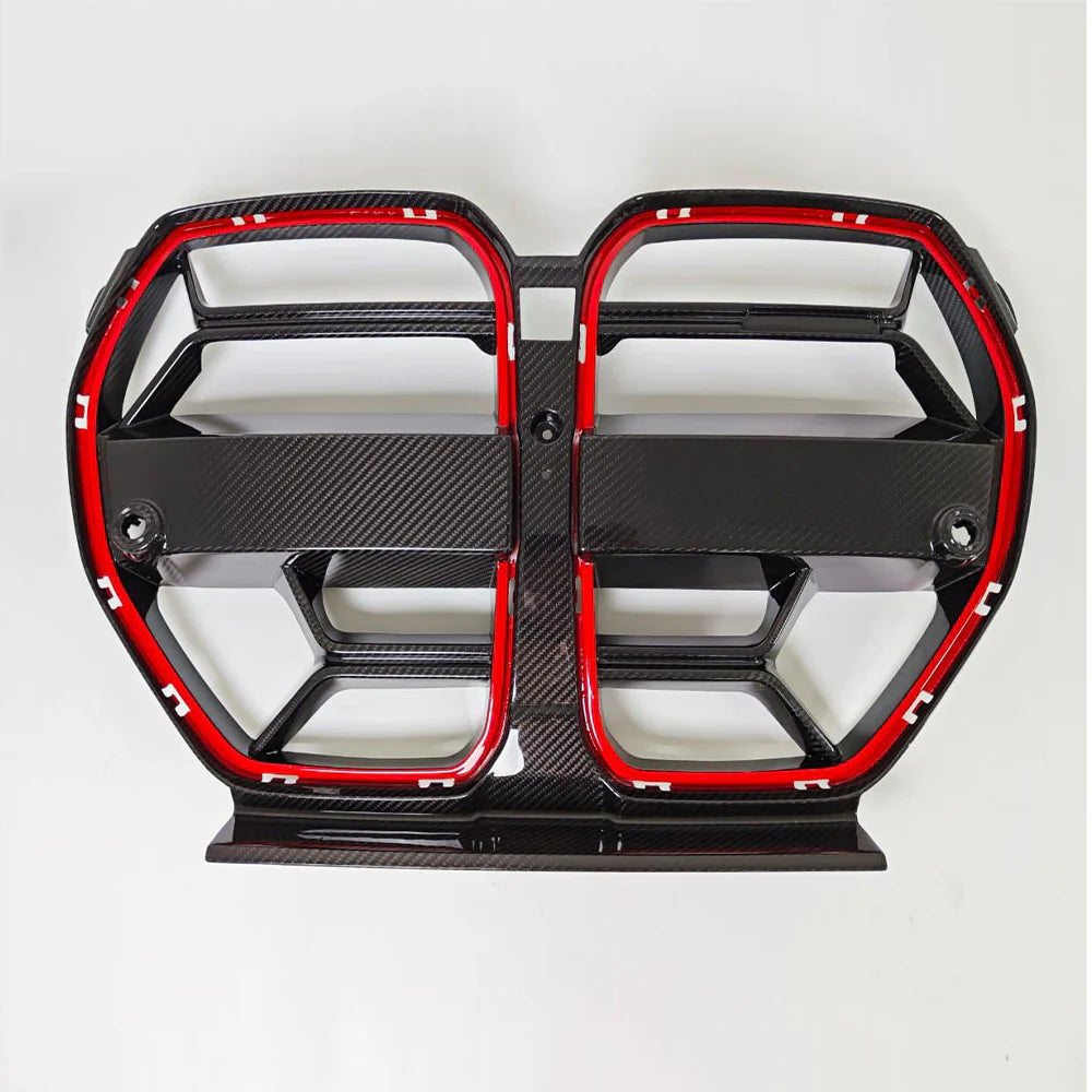 DRY CARBON FIBER FRONT GRILLE CLS STYLE WITH RED EDGES FOR BMW M3 M4 G80 G82 G83 2021+(WITHOUT ACC)-carbonizeduk